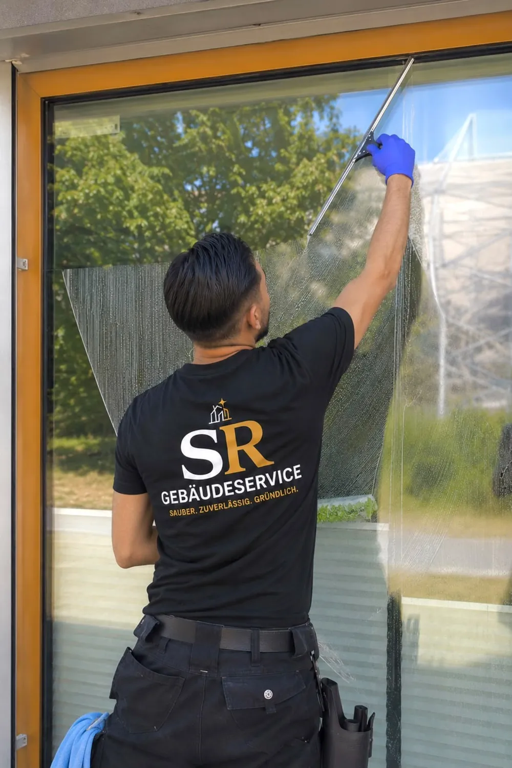Mitarbeiter von SR Gebäudeservice zieht eine große Glasscheibe mit dem Abzieher ab